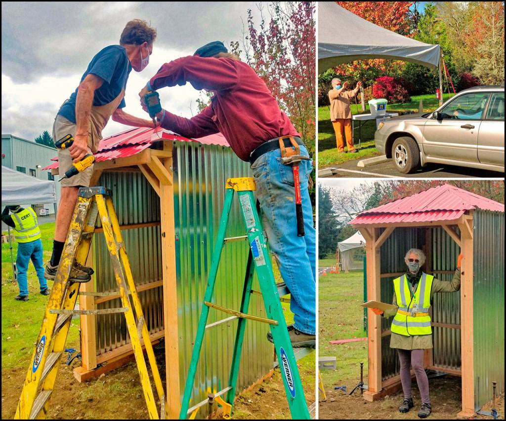 Volunteers winterize Vashon Medical Reserve Corps testing site at Open Space for Arts & Community (Allen de Steiguer Photo).