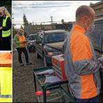 A group ran a test last week at Vashon Pharmacy. Members of Vashons Community Emergency Response Team (CERT) gathered for their briefing on the patient arrival process (top left). The CERTs also practiced the check-in system because appointments will be mandatory at the site (bottom left). Pharmacy owner Tyler Young was at the parking lot where mock patients were lined up so the procedure could be tested for vaccinating patients while seated in their vehicles (right). Volunteers from the Medical Reserve Corps (MRC) have been heavily involved in planning and will work at the site to provide the required post-vaccination observation period (Rick Wallace Photos).