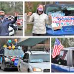 Suzanne Greenberg (top right) danced in front of her car, which led Vashon Indivisibles inaugural parade through Vashon on Jan. 20. Deb Pierce McCabe (bottom right) hoisted a bubble machine through her sunroof, while Marc Pease and Suzanne Mager donned festive election-themed mask-wear for the occasion (top left). The parade started at Island Center Forest Trailhead at 188th St. and wound its way through Vashon before making its final lap through the middle of town (bottom left) (Jim Diers Photos).