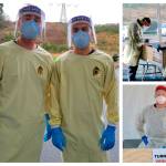 On left, Vashon firefighters Matt McCann and Brad John, at the Federal Way COVID testing site. Top right: Brodie Smith, on right in photos, works with a firefighter from another department at the site. Bottom right: Ben Davidson at the site (Courtesy Photos).