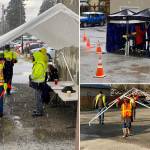 <strong>Hail. Wind. Oh My:</strong> The drive-through vaccination site volunteers buckled down and met the weather again last week. A dense storm of hail struck, but vaccination continued as volunteers sheltered as best they could (left) and a vaccinator pushed up a tent roof to shed a buildup of the white stuff (upper right). Earlier in the week, strong gusty winds tore up two pop-up shelters and bent beyond repair a frame (lower right) for one of the big tents covering lanes of the vaccination area. The tents are being replaced to maintain winter readiness. (Photos by Cece Reoux.)