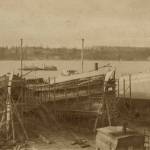 Martinolich Shipyard, in 1918, with three schooners on the way (Photo Courtesy of Teresa Anderson).