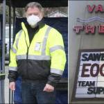 Lots to acknowledge: As we acknowledge the contributions of local businesses such as Vashon Theatre, they acknowledge us, as this photo of the theaters marquee shows (courtesy photo). Many people have acknowledged the service of Truman OBrien (left) and Craig Beles (right), who showed up for duty at the Vashon Pharmacy drive-through vaccination site only a few days after surviving a potentially deadly crash of their airplane, as seen on the front page of The Beachcomber last week. They are wearing their Community Emergency Response Team (CERT) high visibility jackets, which came in handy for spotting them in the wilderness during a nighttime helicopter rescue (Michelle Bates Photo).