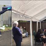 There was a crazy day of pelting rain, bursts of sunshine, and arcing rainbows last Thursday at the Vashon Pharmacy vaccination site. The site operates in all weather, so vaccinators Cece Reoux and Dr. Mary Bergman welcomed a few warming rays of sun (left photo) when the clouds broke up for some rain relief. It was a different story on Saturday when a full house of vaccinated patients were glad to have shade under the tent from the hot sun (right photo) (Marijke Van Heeswijk Photos).