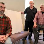 The actors in Drama Docks production of ART, include (left to right) Jon Kuzma, Steve Jones and Bill Epstein; playing characters whose friendship frays over a large, all-white painting (Courtesy Photo).