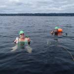 Islanders Wendy VanDeSompele and Joe Yarkin swam continuously from KVI to Gold Beach; VanDeSompele is an accomplished marathon swimmer and swam the route without a wetsuit in 58-degree water (Peter Ray Photo).