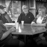 Terry Donnelly Photo
John Sage, Bruce Haulman, Greg McElroy, Patricia Cummings Bolen, and Janis Mallman (left to right) at The Coffee Roasterie reminiscing about how they started the Vashon Potters Tour in 1980 which morphed into the popular Vashon Studio Tour.