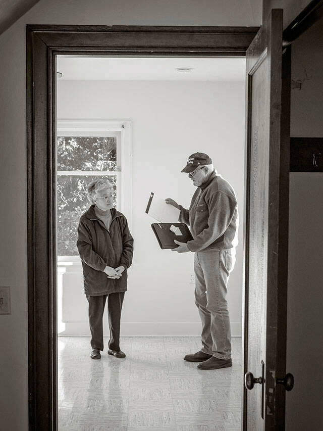 Terry Donnelly Photo
Miyoko Matsuda and Bruce Haulman in the Historic Matsuda Farm farmhouse, remembering the history of the Matsuda Family on Vashon: How they purchased the farm in the name of the American-born son of close friends because as Japanese immigrants they were not permitted to buy land; how they built a successful farm until they were exiled and imprisoned during World War II; how the family returned and rebuilt their lives and their farm; how they continued to grow commercial strawberries until Yoneichis death in 1985; and how the family decided to sell the farm to the Land Trust to become the working farm it is today.