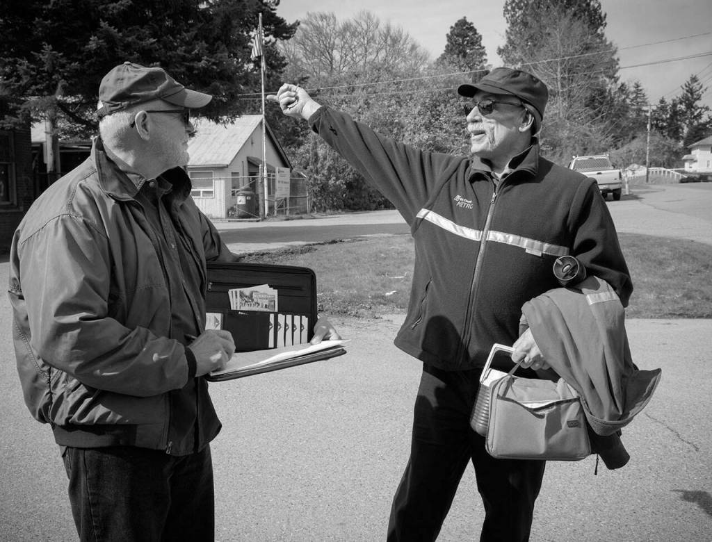 Terry Donnelly Photo
Larry Flynn and Bruce Haulman recounting bus driving stories about the changes in busses since Harlan Rosford drove for his Vashon Transit Company in the 1950s to when Larry drove for Metro from the 1990s to the 2010s.