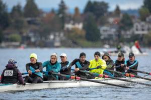 (Erik Dresser, row2k.com Photo) Vashon Island Rowing Clubs Mixed 8, having way more fun than it looks, rowed through rain and wind to capture gold for the fourth consecutive year at Seattles Head of the Lake Regatta through the Montlake Cut, on Nov. 7. From left to right: Coxswain Lisa Huggenvik, Bruce Morser, Kit Gruver, Kim Goforth, Bob Horsley, John Jannetty, Mark Burns, Zabette Macomber and Lea Heffernan. The average age in the boat? 62.6 years. For Jeff Hoyts full account of the regatta, see page 10.