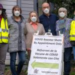 (Michelle Bates Photo) The mass booster clinic crew at Vashon United Methodist Church on Saturday, Jan. 8, included employees and volunteers from Vashon Pharmacy, MRC, CERT and VashonBePrepareds Emergency Operations Center (EOC). Left to right: Michelle Bates, Cece Reoux, Mary Margaret Pearson, Dr. Chris OBrien, Marijke van Heeswijk, and Jan Lyell. Experts now encourage everyone to wear the highest-quality mask possible to help prevent the spread of Omicron, so staff and patients wear N95 masks at the vaccination clinics.