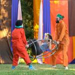 Michelle Bates Photo
Lynelle Sjoberg, being carried away in her egg by UMO clowns Phoebe Ray and Spencer Goodin, in 5-Minute Wonders, staged on the grounds of Open Space for Arts & Community  one of the festivals three venues.