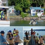 In a recent MERT live training exercise, the lead vessel tows a dinghy to a site and makes contact when spotting an orange help sign that has been posted by a neighborhood (top). The dinghy crew goes ashore and meets with neighborhood residents, taking note of local conditions such as the status of water supplies, food, and any need for medical evacuation (bottom left). In this exercise, the MERT crew delivered water purification tablets, medications, and fuel for generators (bottom right). Ham Radio operators from Vashons Auxiliary Communication Service supported the operation (VashonBePrepared Photos).