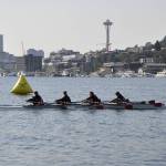 Burton Beach Rowing Clubs Womens Novice Coxed Quad, rowed by Taylor Huffman, Paige Gibbons, Sloane Overdorf, Brisa Ordonez-Ramirez, and Kiero Ambler as the coxswain, crosses the finish line with the gold medal time at the Head of the Lake (Amie Macnab Photo).