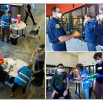Two-person teams operate each vaccination station at Vashons weekend clinics. The volunteers work under the medical supervision of a lead vaccinator who is an ARNP and Vashon Pharmacy employee (left). VIFR Captain Brodie Smith welcomed a steady stream of people to one clinic, asking COVID screening questions and handing out brand new high-quality masks before they entered the vaccination area (top right). MRC volunteer Dr. Bonny Olney gave vaccinations at one of the stations, while MRC volunteer Lisa Crosby ARNP recorded them electronically for patient records (bottom right) (Rick Wallace Photos).