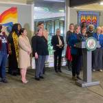 Rev. Amy Johnson expresses support for all people seeking reproductive health care along with faith leaders, health care providers and elected officials gather in Federal Way on Oct. 28. Olivia Sullivan/the Mirror