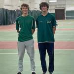 VHS tennis players Finn Hawkins (left) and Charlie Walker were all smiles after winning a chance to compete at the state championships in May (Rick Doussett Photo).