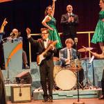 Peter Serko Photo
Franco Weaver as Ritchie Valens, Billy Joe Huels as Buddy Holly, Kelly Van Camp as Big Bopper, backing singers (Carrie Perna, Matt Wilson and Joy Ghigleri), with the Buddy Holly Orchestra (pictured: Greg Schroeder on trombone and Todd Zimberg, on drums.