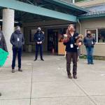 Rebecca Goertzel (far left, front), along with Chautauqua staff, welcomed grade-schoolers back to hybrid education in March of 2021 at the school after a year of remote learning due to the COVID-19 pandemic (File Photo).
