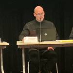 School board members Zabette Macomber (left) and Toby Holmes (right) flanked Superintendent Slade McSheehy (center) at a school board meeting last week (Elizabeth Shepherd Photo).