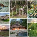 (Top left) A stunning mural by island artist Britt Freda welcomes visitors to VCAs Heron Meadow (Top center) Two metal horse sculptures grace the wooded entry to the property of Liz and Mike McConnell (Top right) Janice Gouchers secret garden is filled with meandering trails and Northwest native plants (Middle left) LaSalle Reserves Cherry Blossom Alley (Bottom left) Forest Garden Farm is a working farm steeped in historical and cultural significance (Bottom center) Two stunning, imported buildings from Asia adorn the McConnell property (Bottom right) Inside a hoop house, at Forest Garden Farm (Courtesy Photos).