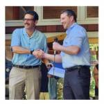 James Freund, 2022-2023 president of Vashon Rotary (right in all photos) congratulates Vashon Rotarys Paul Harris Fellows (left to right) Doug Synder, Shawn Hoffman and Clay Gelb at a recent ceremony. Another Fellow, Ken Zaglin, was unable to attend the ceremony (Vashon Rotary Photos).