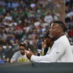 Ken Griffey Jr. in the dugout talking with the MLB Network broadcast of the HBCU Classic.