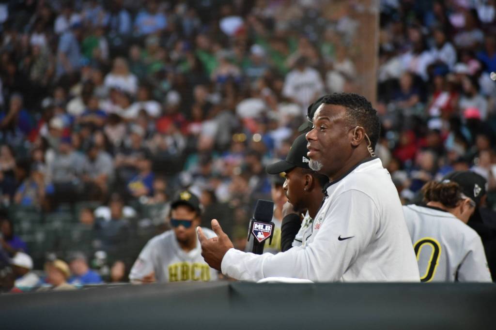 Ken Griffey Jr. in the dugout talking with the MLB Network broadcast of the HBCU Classic.