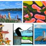 Art on view on First Friday will include works by (top, left to right) Ted Kutscher and Donald Cole, (bottom) Jean Emmons, Gail Hapeman, and Pascale Judet. All artworks pictured are details of larger works (Courtesy and John de Groen Photos).