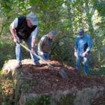 (Left to right) Mike Sudduth, Hal Green, and Bruce Haulman exploring the site of the Cove Community Hall in 2022 (Terry Donnelly Photograph).