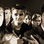 The cast of The Mousetrap look for the truth. Left to right: Chloe Bay, Ella Saffery, Adam Ingalls, Isaac Huff, Henry Sutherland and Mateo Grey (Andy James Photo).