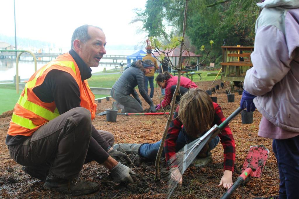 Gus Angusdixonbray, 10, works with landscape architect and county capital project manager Tom Early to prepare some plants at the new Dockton Park Playground. Alex Bruell photo
