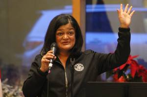 United States Representative Pramila Jayapal speaks to a full house Dec. 19 at Vashon Center for the Arts. (Alex Bruell photo.)