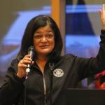 United States Representative Pramila Jayapal speaks to a full house Dec. 19 at Vashon Center for the Arts. (Alex Bruell photo.)