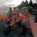 From lower left: Mary Robinson, Mary Singer, Stephanie Zimmerman, Heidi Skrzypek, and Chelsea Lee swam a misty Portage in December (Photo by Chelsea Lee).