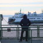 A passenger on the Triangle route watches as another ferry passes on the way between Vashon Island and West Seattle (Alex Bruell photo).