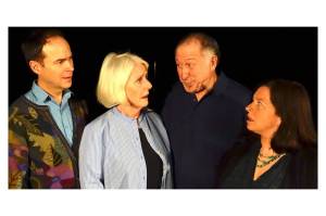 David Mielke, Jeanne Dougherty, Paul Shapiro and Cate OKane enact one of the numerous sketches from Kissing The Joy as it Flies: The Wit and Wisdom of Brian Doyle, in the debut production of the play in 2019 (Courtesy Photo).