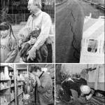 The Beachcomber covered the Nisqually Earthquake in detail back in 2001. Clockwise from top left: Chautauqua Elementary third graders evacuated to a play area and were comforted by teacher Loren Hill. The road down to Gold Beach ruptured. Engineer Art Rack inspected foundations. Ceramics shop owner Nancy Winebrenner picked up the pieces (Beachcomber photos courtesy of Vashon Heritage Museum. Photographers Allison Arthur, Rik Forschmiedt, Eric Horsting).