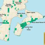This map shows the latest view of public parks and preserves on the island. The two newest additions are a large chunk of property west of Wax Orchard Road, significantly growing Frog Holler Forest, and a large chunk south of Dockton that grows the Manzanita Natural Area. Image courtesy Vashon-Maury Island Land Trust.