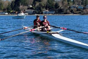 Ken Jackson photo
BBRC rowers Willa Lee and Brisa Ordonez-Ramirez in their double at the start for their first race of the day.
