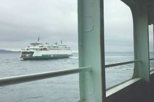 Photo by Aspen Anderson
A Washington State ferry is viewed from the car deck of another ferry on the Fauntleroy route that serves Vashon Island, Southworth in Kitsap County and West Seattle.
