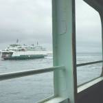 A Washington State ferry is viewed from the car deck of another ferry on the Triangle route, serving Vashon Island, Southworth, and West Seattle (Photo by Aspen Anderson).