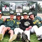 From left to right, sitting underneath pictures of their younger selves during senior night, are Finn Hawkins, Jack Harvey, Finn Magonegil, Chase Bradrick and Will Frith (Pam Stenerson photo).