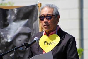 Alex Bruell photo
Islander Joe Okimoto, one of the Americans who was unconstitutionally uprooted and forced away from home in 1942, speaks at Ober Park during the Day of Exile commemoration.