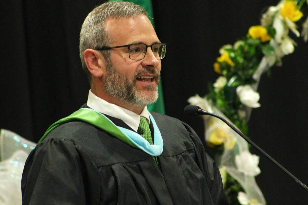 VHS Principal John Erickson addresses the class of 2024 during the graduation ceremony June 14. (Alex Bruell photo.)