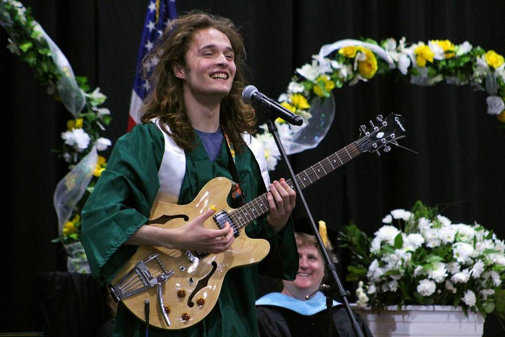 Senior Wyatt Bates blended Billie Eilishs What Was I Made For? with John Lennons Imagine during a performance at the graduation ceremony. (Alex Bruell photo.)