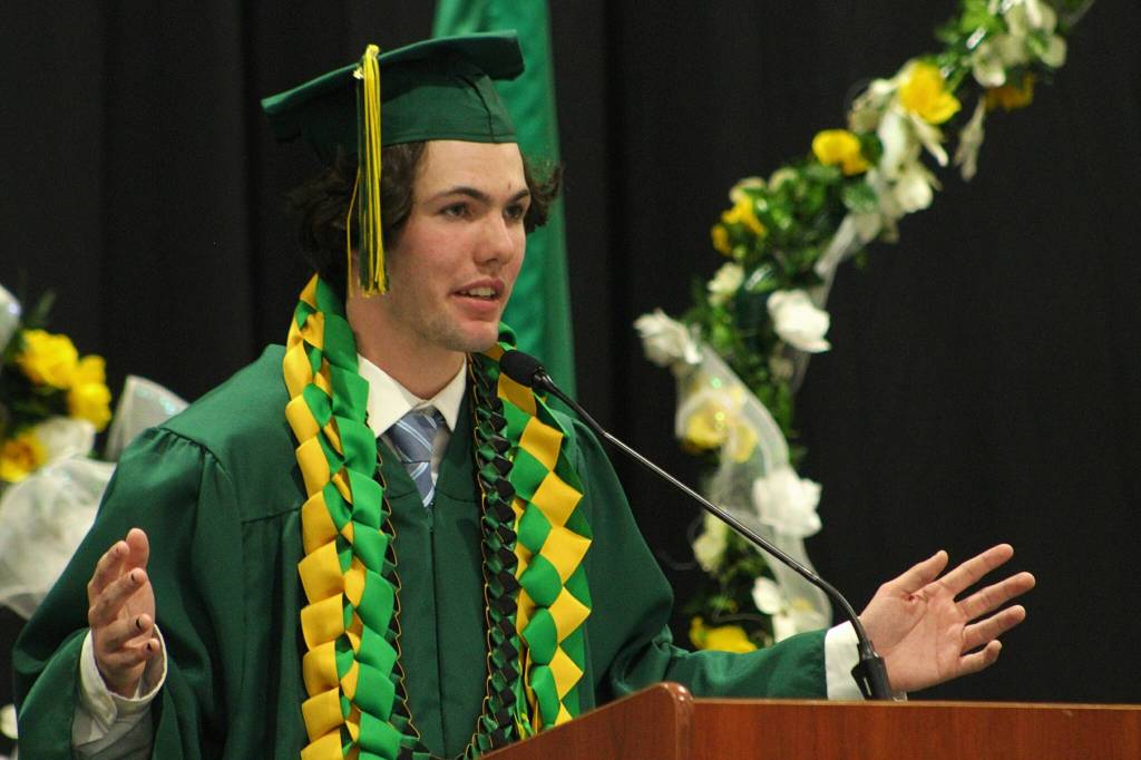 Graduate Christian Kincaid delivered a sweet, loving ode to his Vashon classmates during the graduation ceremony on June 14. (Alex Bruell photo.)