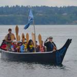 The Blue Heron Canoe paddled over from Des Moines to join in the celebration. (Jim Diers photo.)