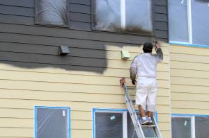 A worker paints a building on July 17 at Vashon HouseHold's upcoming Island Center Homes. (Alex Bruell photo)