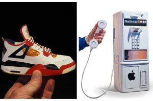 Mike Leavitts Trash Talking exhibits includes such works as a tiny Air Jordan sneaker constructed from cigarette packaging manufactured in North Carolina, and a old-school pay phone made from the packaging of Apple products. (Courtesy photos.)